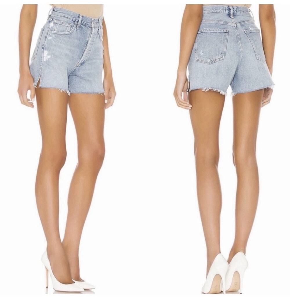 AGOLDE Dee Denim Shorts 27 Chime Blue Light Wash High Rise Distressed Raw Hem - Picture 1 of 13